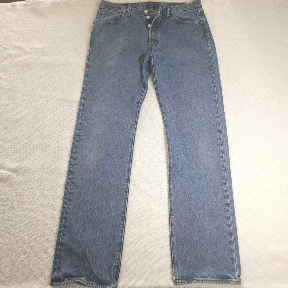 Levis 501 Jeans Men Button Fly Straight Leg Medium‎ Wash Workwear Preppy 34x32.5
